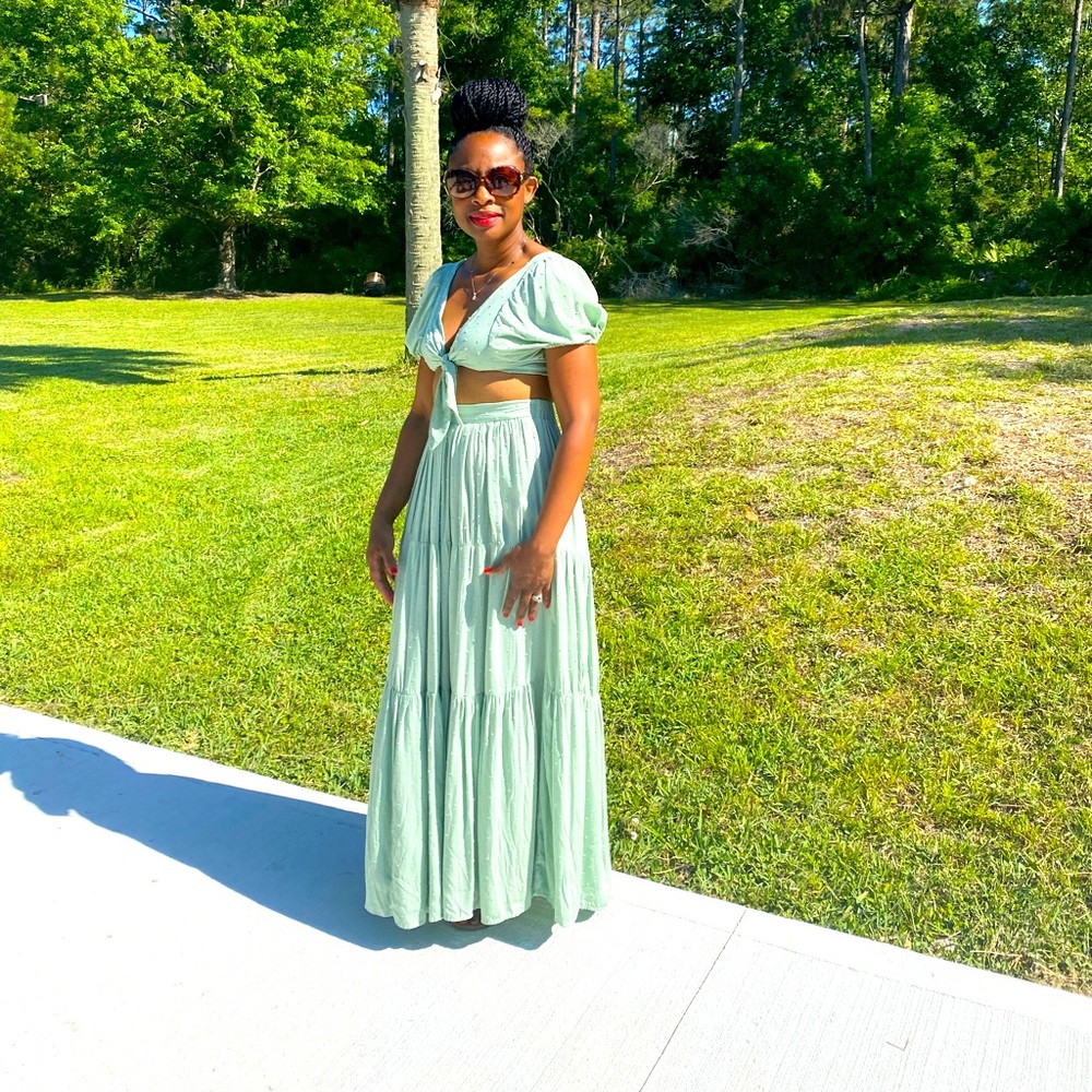 Two piece crop top and gathered maxi skirt